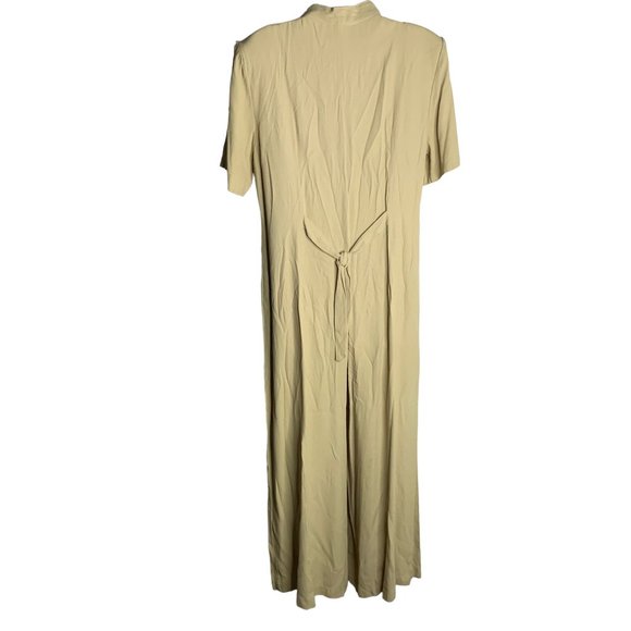 Vintage Wide Leg Cropped Jumpsuit L Beige Buttons V Neck Short Sleeve Tie Waist - Picture 4 of 6